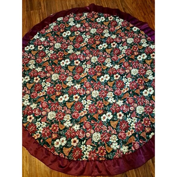 Vintage Christmas Tree Skirt Tablecloth Burgundy Satin Trim Quilted Floral 57" - Picture 2 of 4
